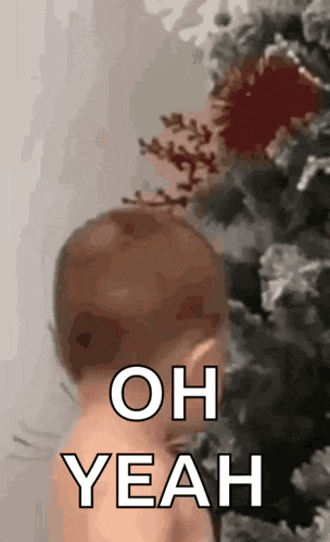 a baby is standing in front of a christmas tree .