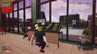 a video game screen shows a man squatting in front of a fruit stand that says produce