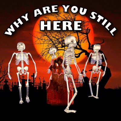 a poster with skeletons and the words why are you still here on it