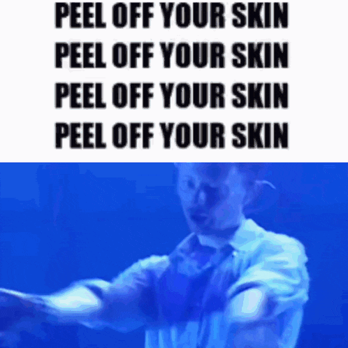 a man is peeling off his skin with a blue background behind him