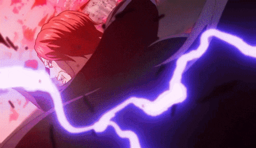 a person with red hair is being struck by a purple lightning bolt .