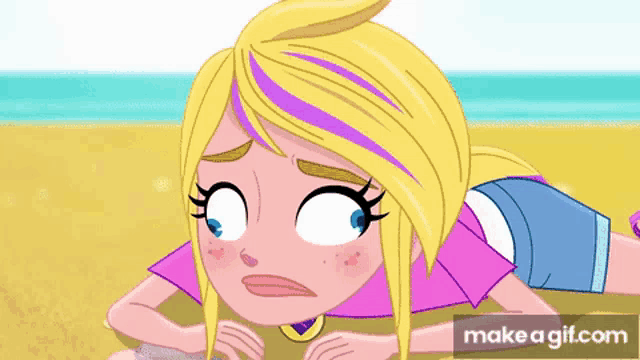 a cartoon girl laying on the beach with a make a gif.com watermark