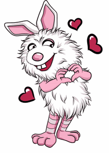 a cartoon of a white rabbit with pink feet making a heart shape with its hands