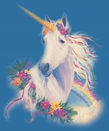 a painting of a unicorn with flowers and a rainbow in its mane