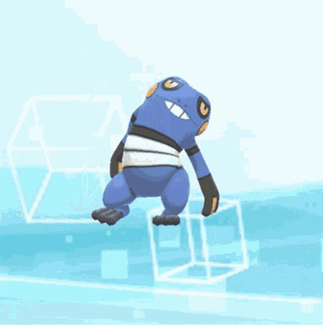 a blue frog is standing on a blue cube