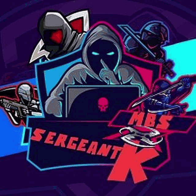 a logo for a video game called sergeant k with a hooded man sitting in front of a laptop computer .