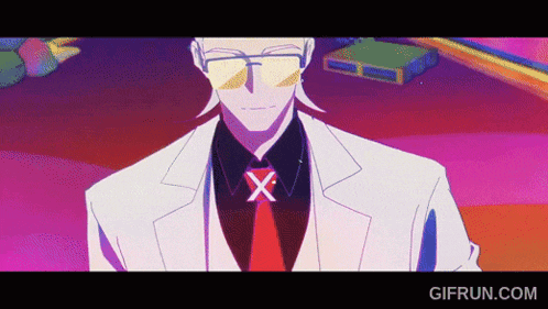 a man in a white suit and red tie has an x on his tie