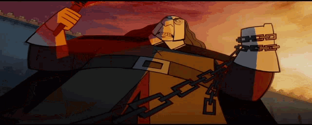 a cartoon drawing of a man with chains around his neck