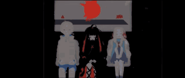 a group of anime characters are standing next to each other in a dark room
