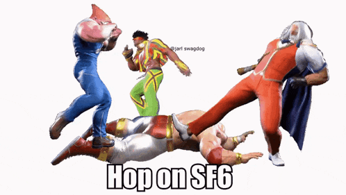 a video game character is kicking another character with the words hop on sf6