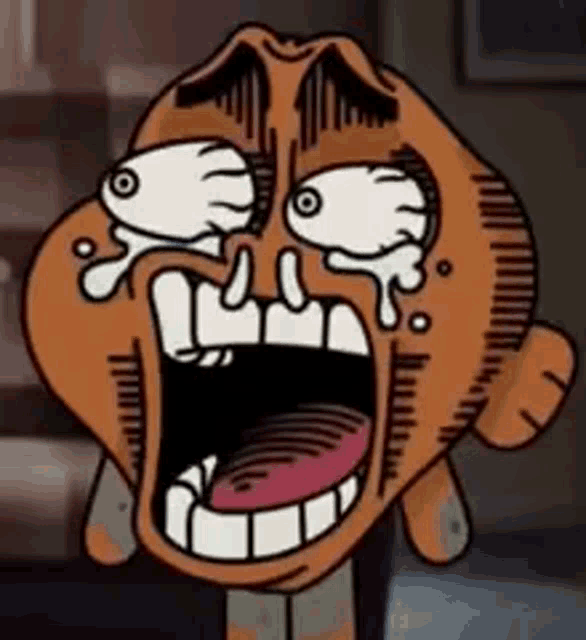 a close up of a cartoon character 's face with tears coming out of his eyes and mouth .
