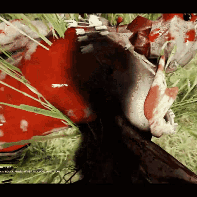 a screenshot of a video game shows a bloody skeleton