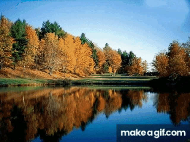 a lake surrounded by trees and a make a gif.com watermark