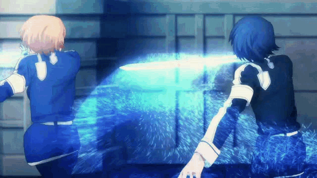 two anime characters are fighting with swords in a room