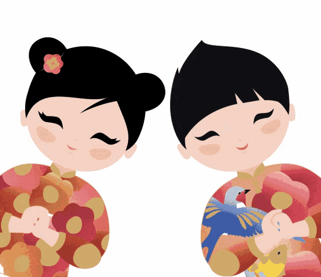a boy and a girl are standing next to each other and the girl is holding a blue bird