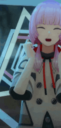 a girl with pink hair is standing in front of a sign that says ' a ' on it