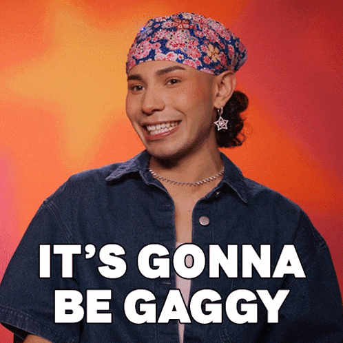a woman wearing a headband and earrings smiles with the words it 's gonna be gaggy behind her