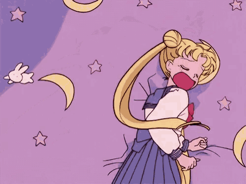a cartoon drawing of a girl laying on the ground with a rabbit flying around her
