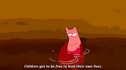 a cartoon character is standing in the water with the words children got to be free to lead their own lives .