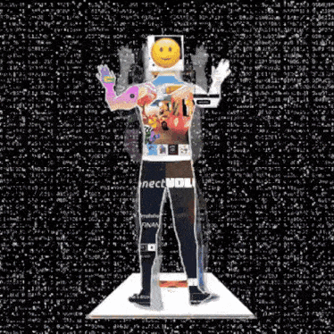 a man with a smiley face on his head is standing in front of a screen that says ' inct voll ' on it