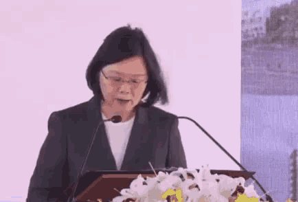 a woman is giving a speech at a podium with a microphone .