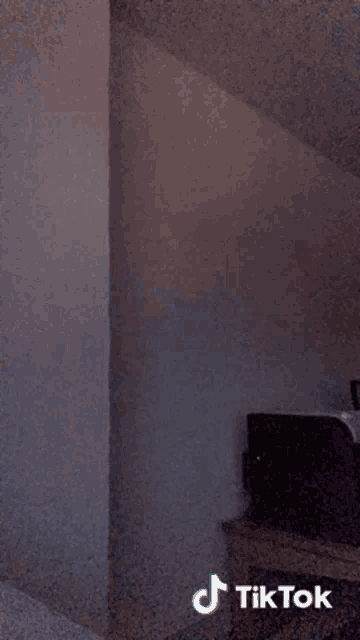 a man is standing in a dark room with a tiktok logo on the bottom