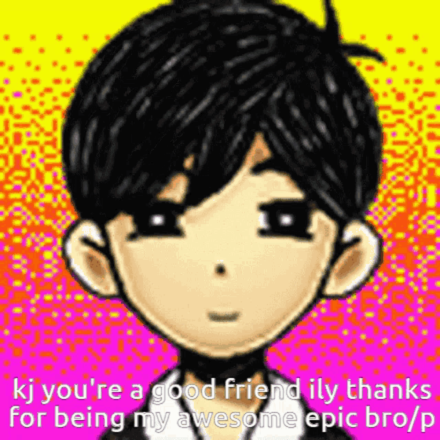 a cartoon of a boy with black hair and a choker on a yellow and orange background .