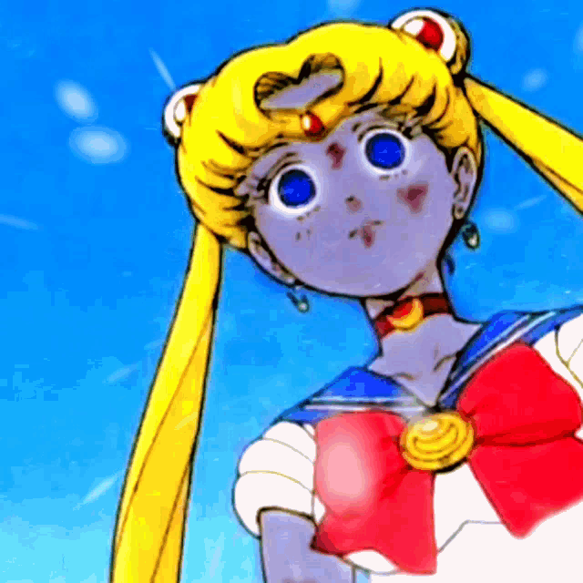 a drawing of a girl with yellow hair and a blue sky in the background