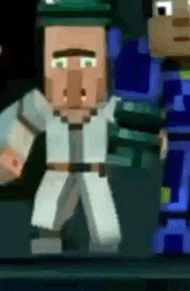 a minecraft character wearing a white coat and tie is standing next to another minecraft character .