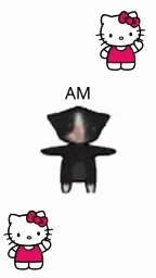 a black cat is standing next to a hello kitty cartoon .