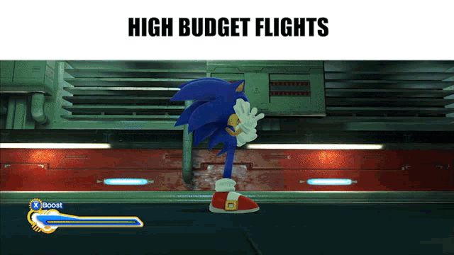 a screenshot of sonic the hedgehog with the words high budget flights below him