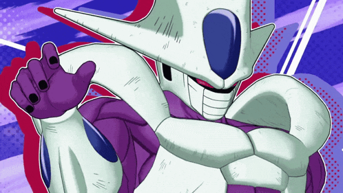 a purple and white cartoon character with a huge head