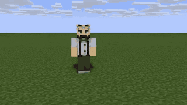 a minecraft character with a beard and suspenders stands in a field