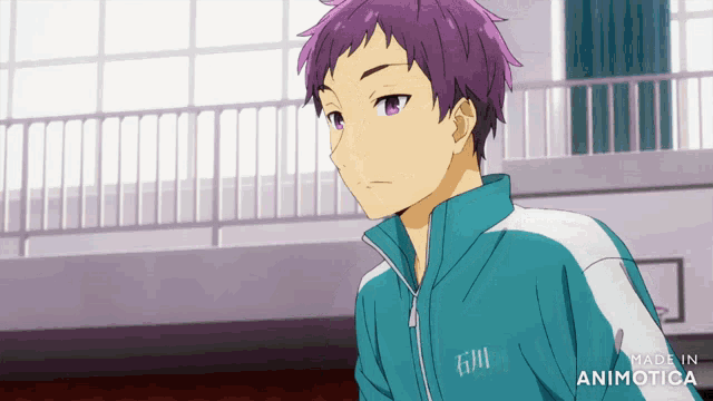 a boy with purple hair is wearing a blue jacket that says made in animonica