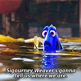 a blue fish in the water with the words sigourney weaver 's gonna tell us where we are