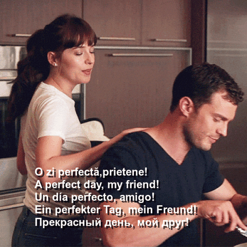 a woman putting her hand on a man 's back with a caption that says o zi perfecta