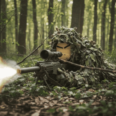 a person in a camouflage suit is holding a rifle