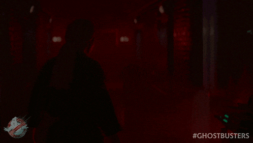 a poster for the movie ghostbusters shows a woman in a hallway