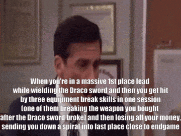 a man in a suit and tie says when you 're in a massive first place lead while wielding the drago sword