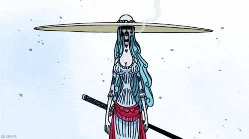 a cartoon of a woman holding a sword and a large hat