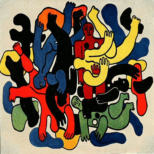 a colorful drawing of a group of people with the letter r on the bottom left