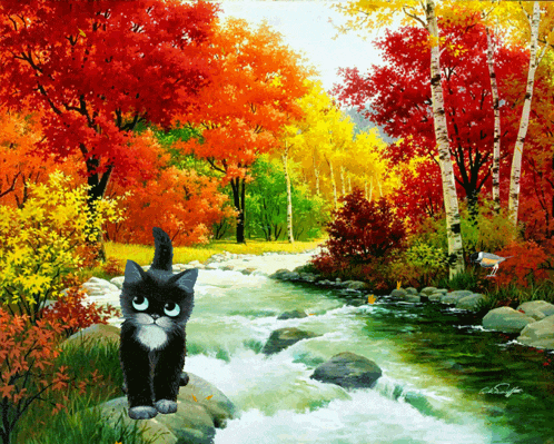 a painting of a black and white cat standing on a rock near a river