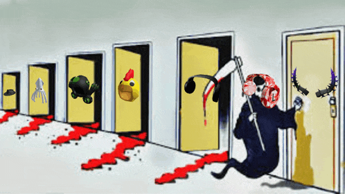 a cartoon drawing of a man holding a hammer standing in front of a row of yellow doors