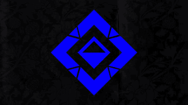 a blue diamond with a triangle in the middle is on a black background