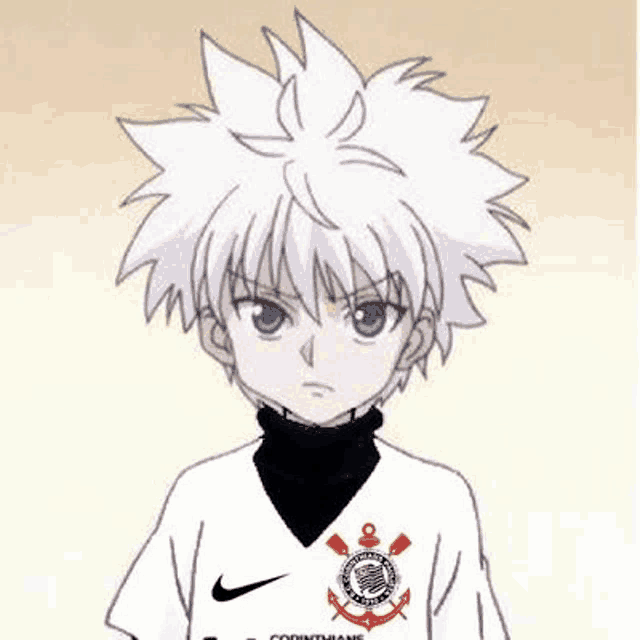 a drawing of a boy with white hair and blue eyes wearing a white shirt .