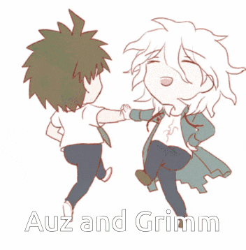 a drawing of two anime characters dancing with the words auz and grimm above them