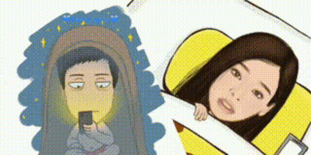 a cartoon of a man and a woman looking at their phones .