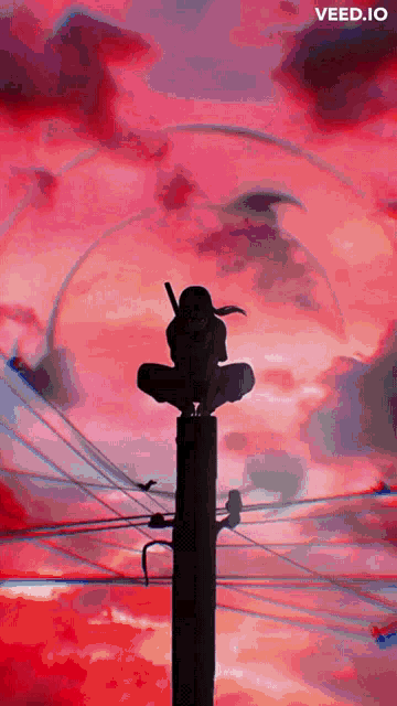 a silhouette of a ninja sitting on top of a power pole