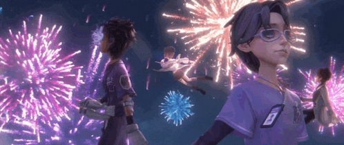 a group of cartoon characters are standing in front of fireworks