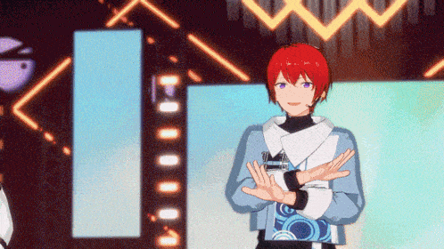 a man with red hair and purple eyes is standing in front of a stage